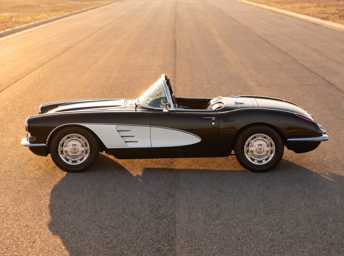 Corvette, on the open road with C1 Hubcap Wheel - 17” wheels