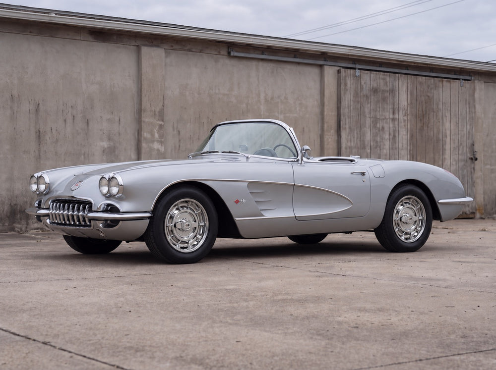 Corvette, outside the shop with C1 Hubcap Wheel - 17” wheels