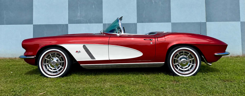 Side view of Rick Moroso's red and white 1962 Corvette on Vintage Forged Wheels
