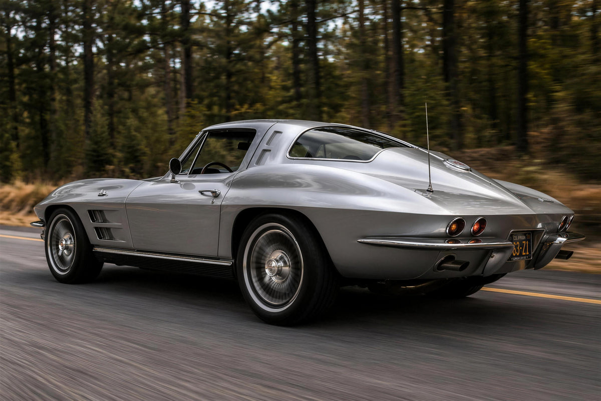 1963 Chevrolet Corvette Sting Ray coupe driving a tree-lined road at golden hour
