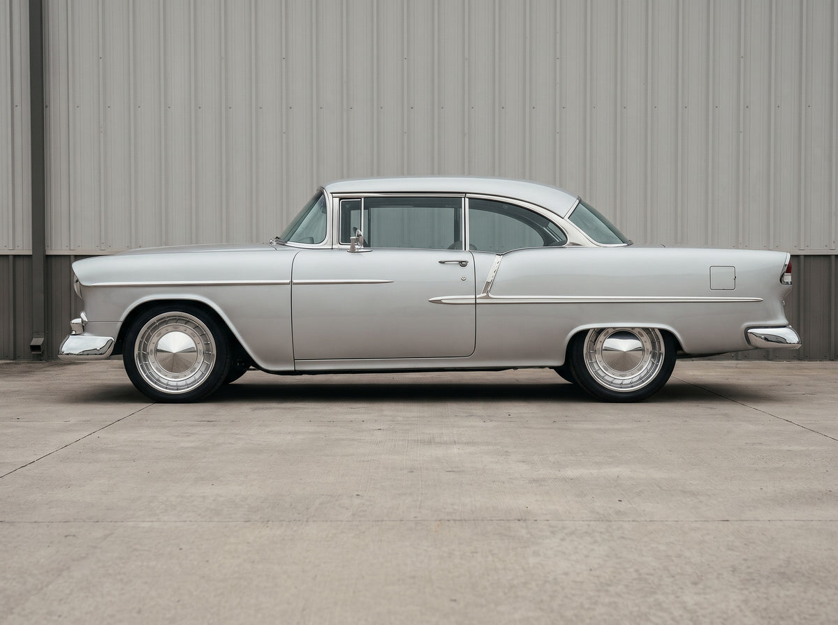 1955 Bel Air, outside the shop with 55 Hubcap Wheel wheels