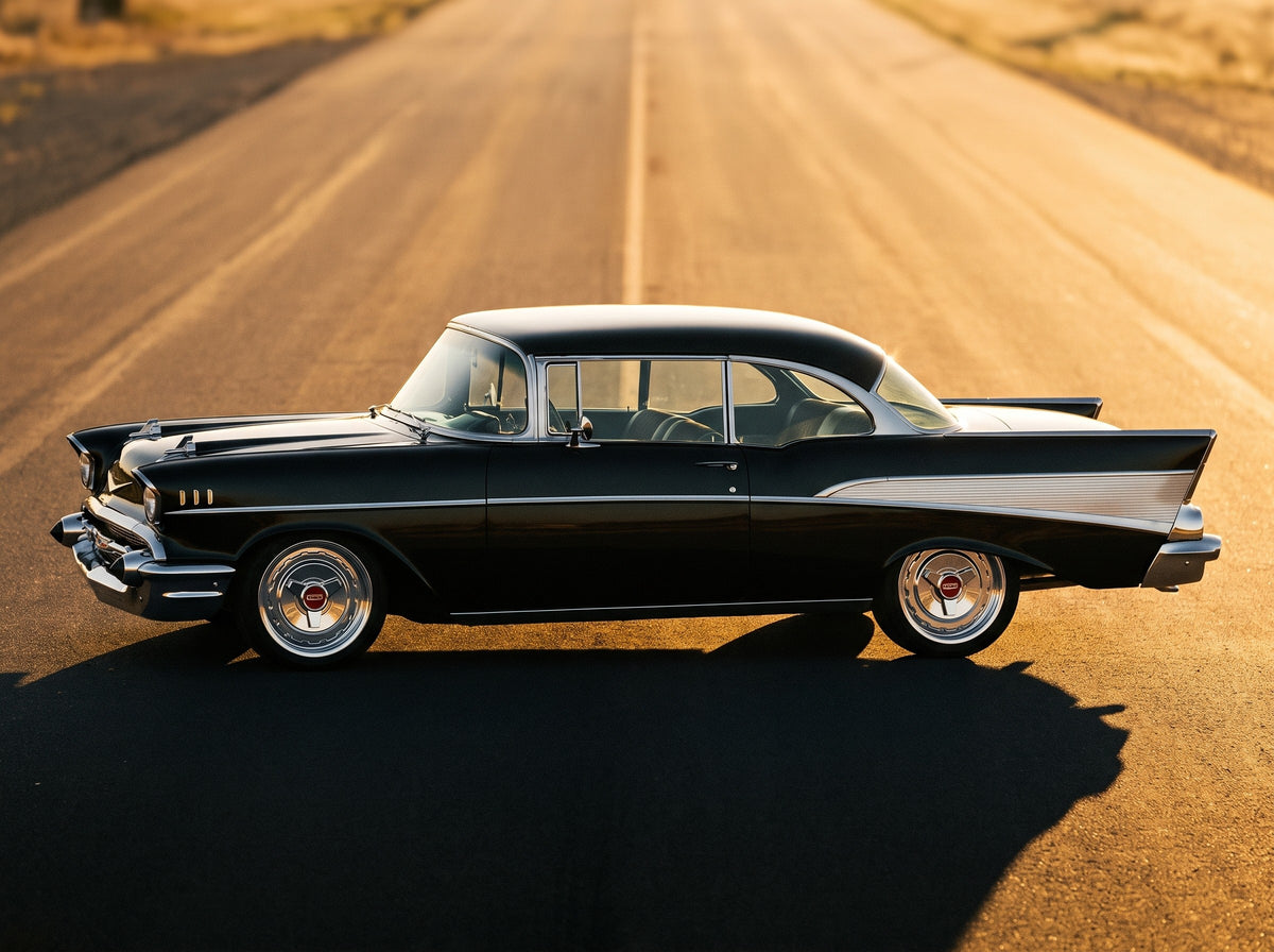 1957 Bel Air, on the open road with 57 Hubcap Wheel wheels