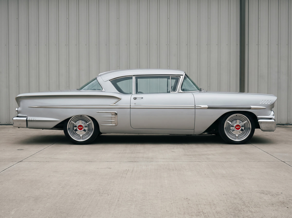 1958 Impala, outside the shop with 58 Hubcap Wheel wheels