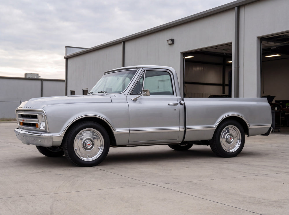 1967 C10, outside the shop with C10 Hubcap Wheel wheels