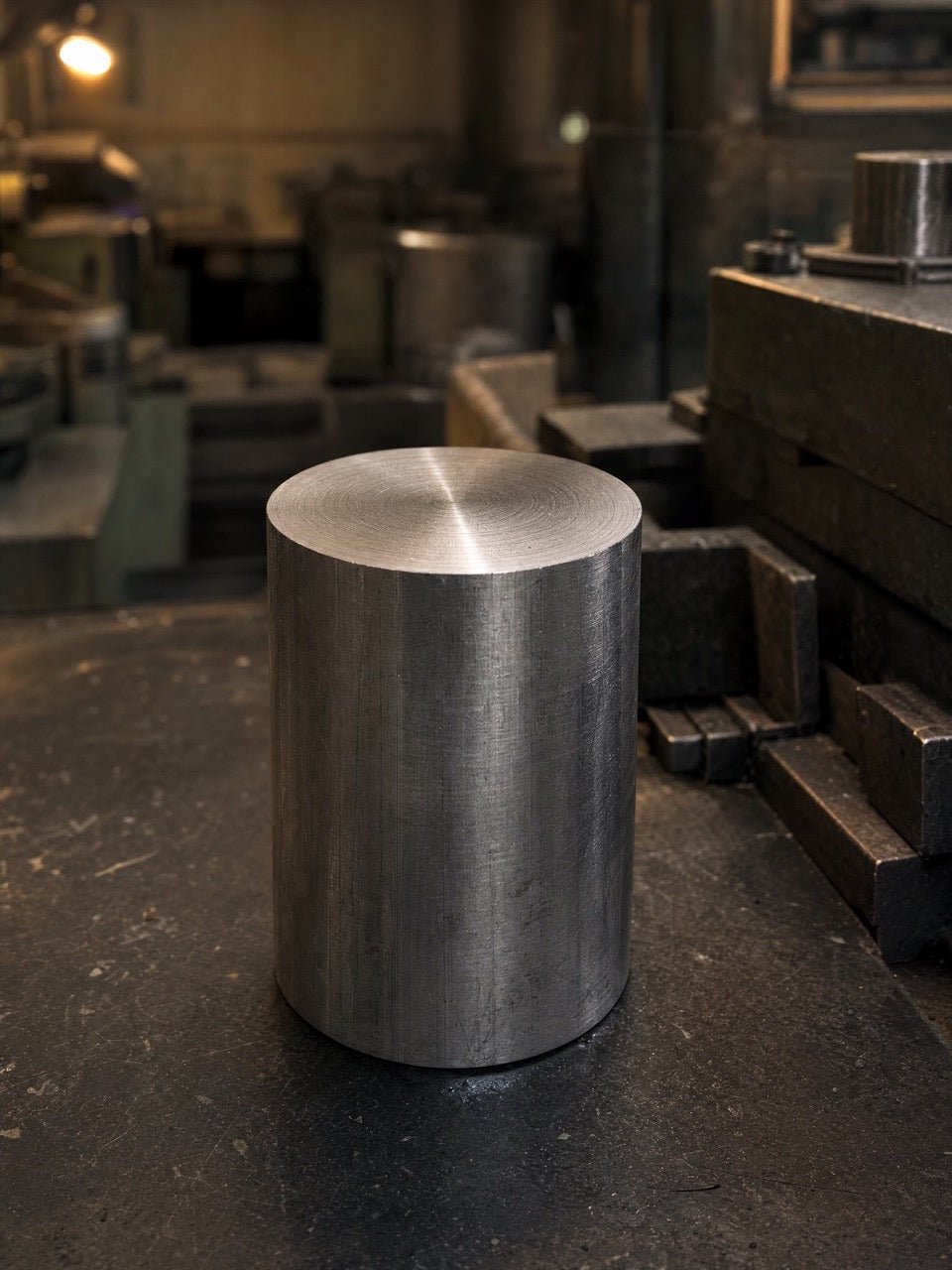 A solid aluminum billet standing on a steel workbench before forging